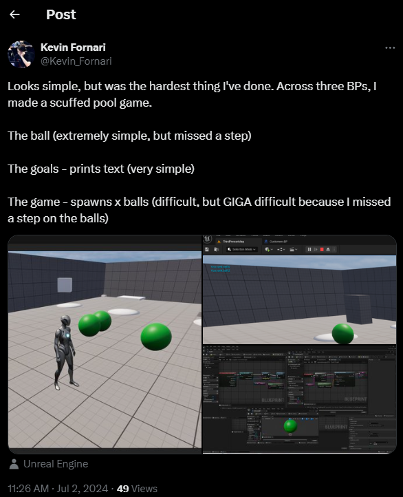 Tweet of me learning Unreal Engine