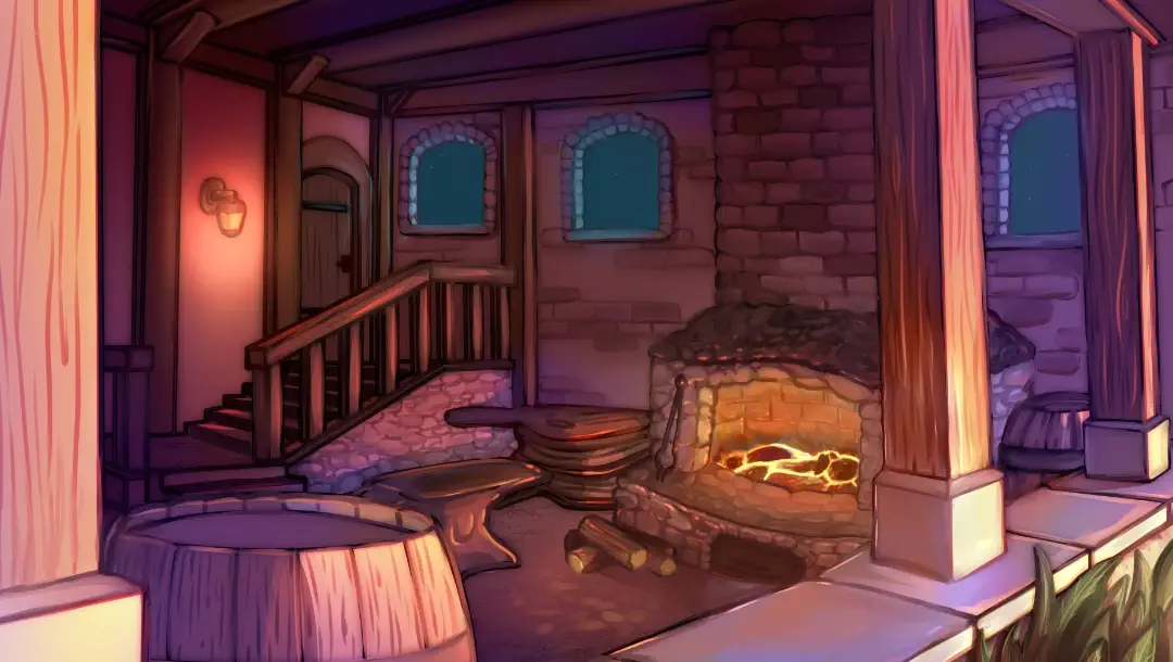 Concept art of the forge room in the smithy.